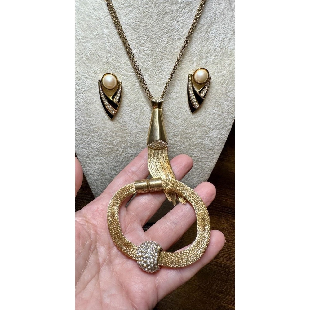 VTG Gold Tone Tassel Rhinestone Black Enamel Necklace Earrings Bracelet Set 80s